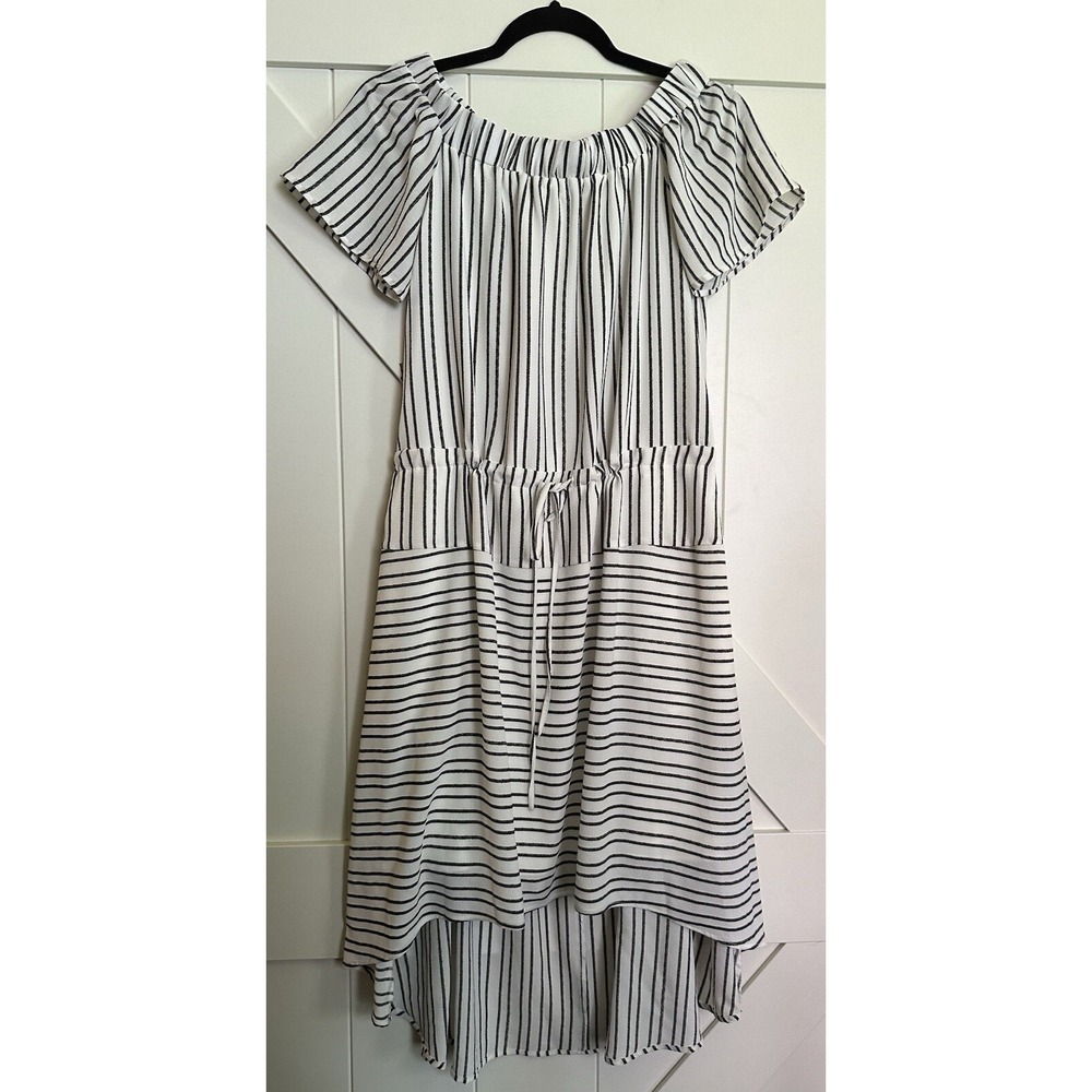Halston Vintage 1976 Black Striped‎ Hi-Low Off Shoulder Dress Pockets Size SP